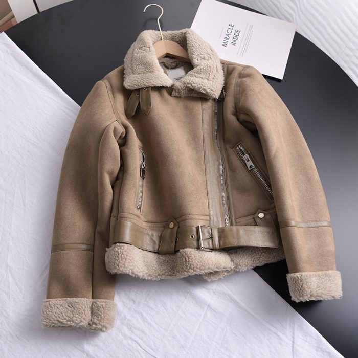 Ailegogo Winter Women Thick Warm Suede Lamb Jacket Short Motorcycle Brown Coats Faux Shearling Sheepskin Leather Jackets Outwear