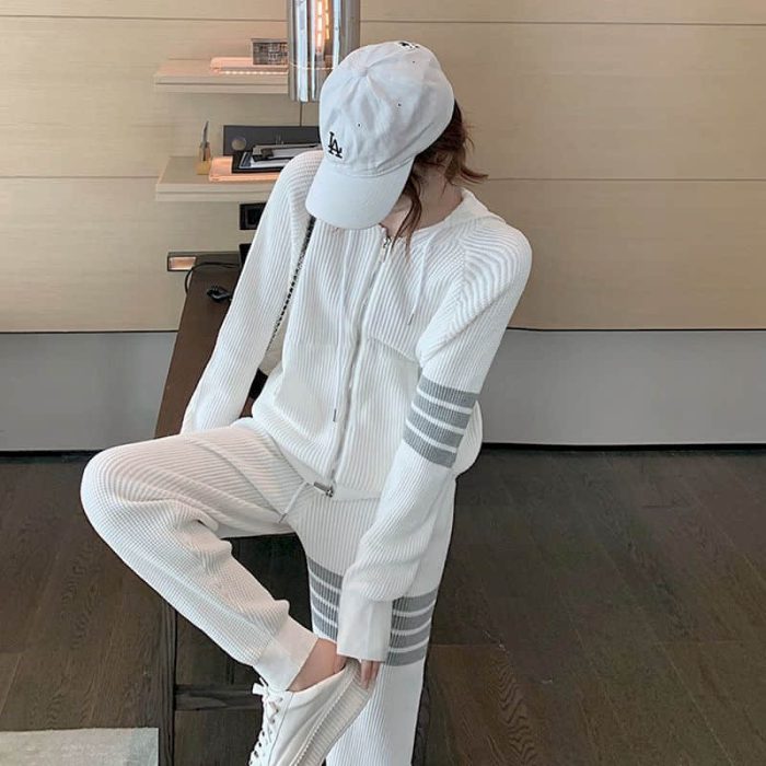 2023 Spring Autumn Waffle Casual Sports Suit Women Sweatshirt Suit Fried Street Loose Thin Wild Hoodies And Trousers 2 Piece Set