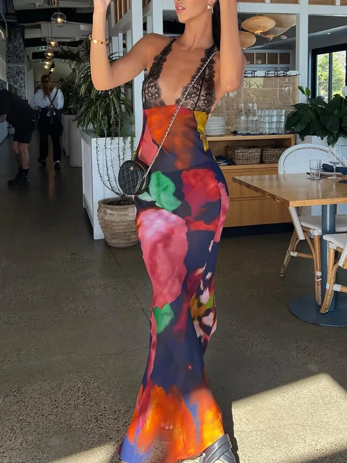 JULISSA MO Elegant Tie Dye Floral Chiffon Dress Summer Sexy Women Backless Lace Bodycon See Through 2023 Beach Party Vestidos