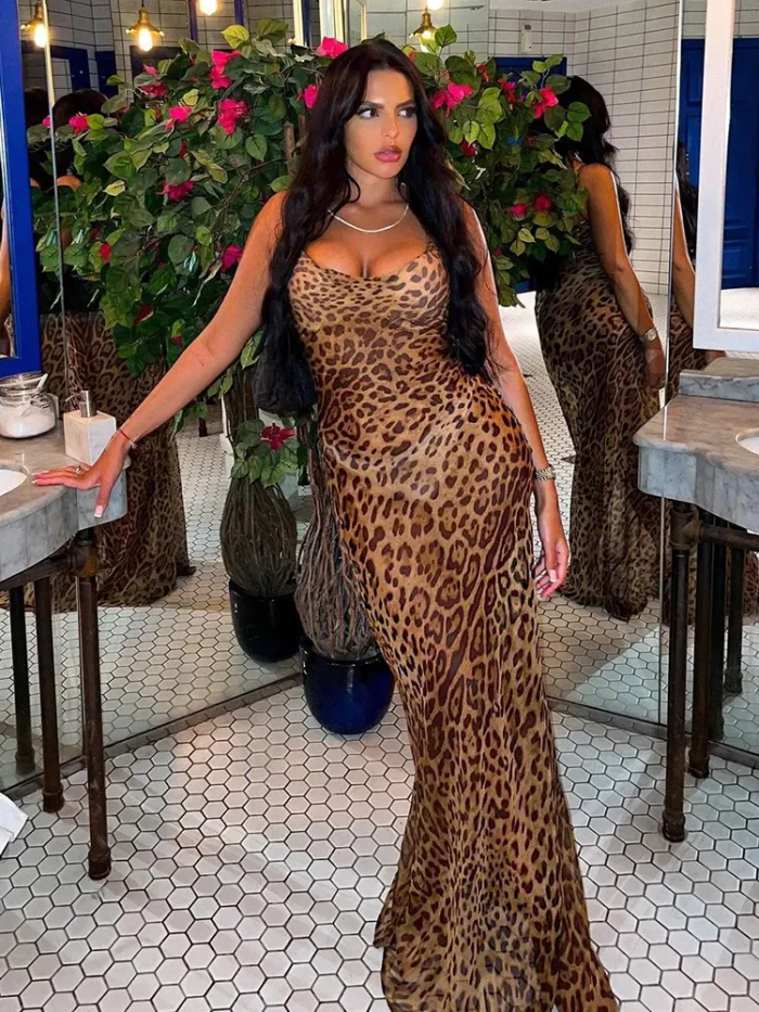 Julissa Mo Leopard Print V-Neck Sexy Bodycon Long Dress Women Lace Up Backless Summer Dresses Female Straps Party Beach Vestidos