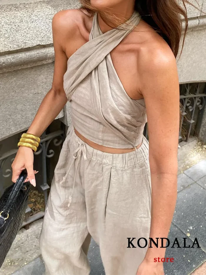 KONDALA Streetwear Khaki Linen Suits Women Sleeveless Halter Sexy Crop Tops Women High Waist Wide Leg Pants Fashion 2023 Sets
