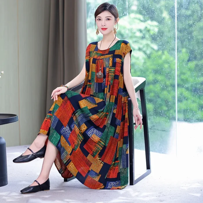 New Hot Fashion Arrival Casual 2023 Summer Dress For Women Print Loose O-Neck Cotton Women Clothing Dresses Plus Size