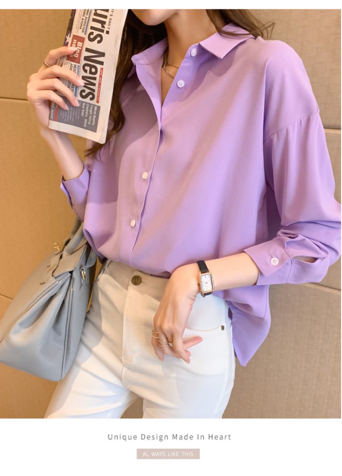 2021Spring Autumn Long Sleeve Women Shirts White Loose Blouses Female Tops BF Korean Style Elegant Blusas Black Yellow Purple