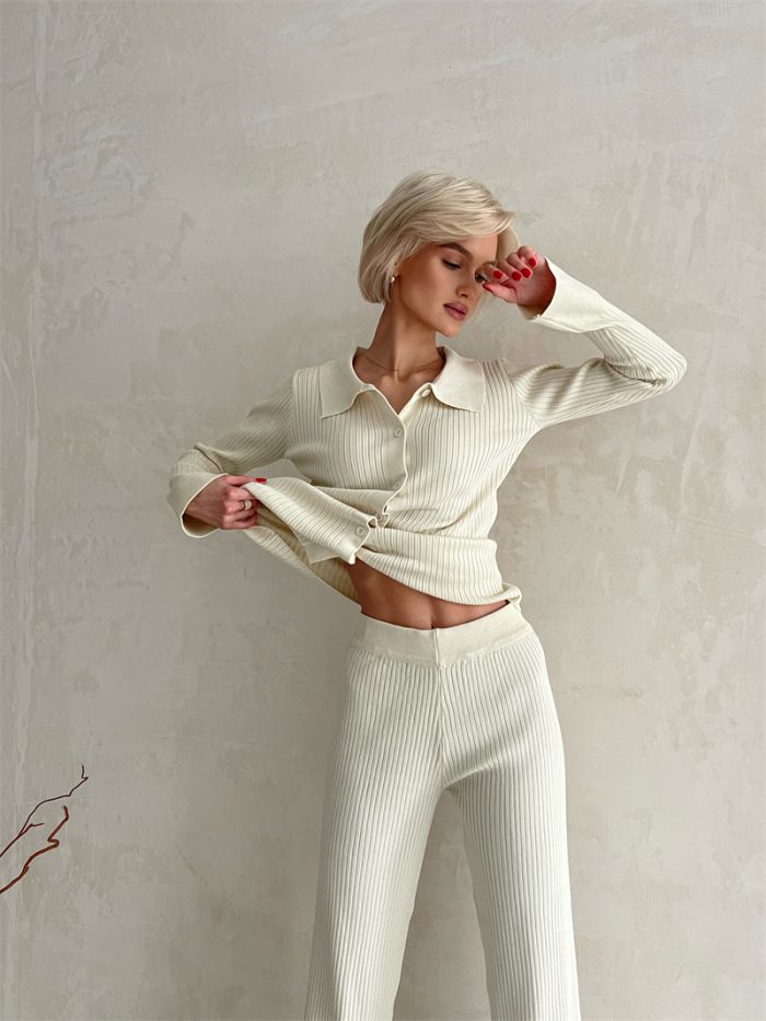 Sexy Knitted 2 Piece Sets Women Outifits Casual Streetwear Tracksuit Cardigans Wide Leg Pants Suit Knit Two Piece Set Women 2022