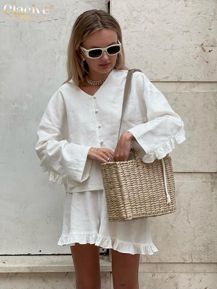 Clacive Fashion Beige Linen 2 Piece Sets Women Outfit Casual Loose Long Sleeve Shirts With High Waist Ruffle Shorts Set Female