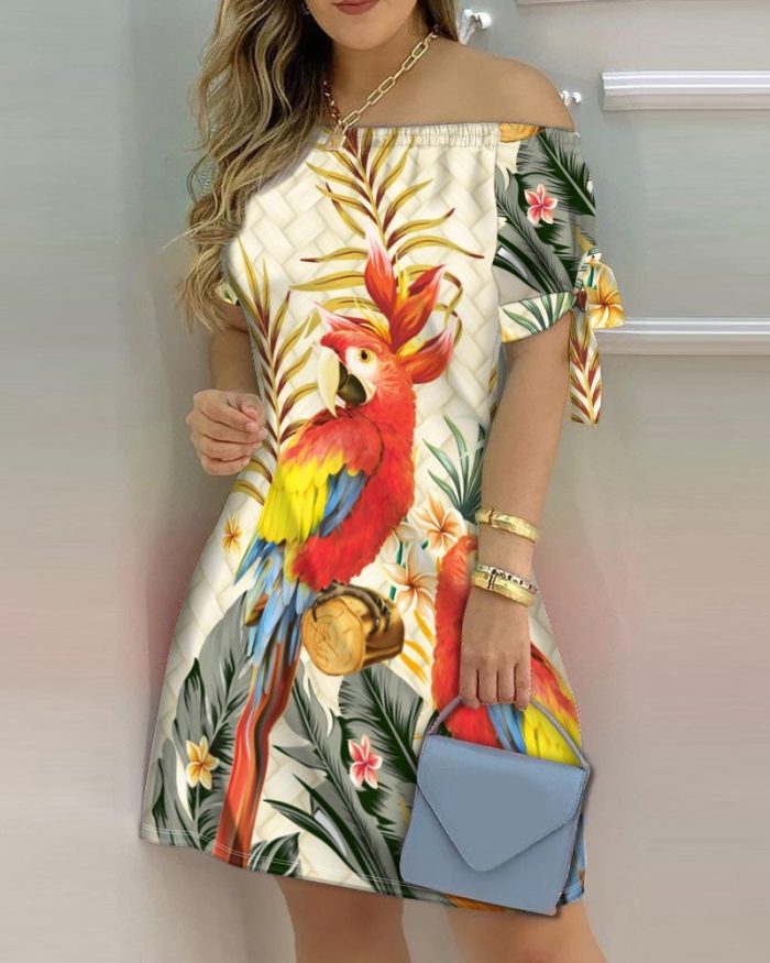Women's Dress 2023 Summer Fashion Tropical Print Half Sleeve O-Neck Dresses Female Casual Party Beach Mini Loose Dress Vestidos