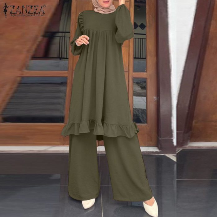 Autumn Fashion Tracksuits Women Muslim Matching Sets ZANZEA Female Blouse & Wide Leg Pant Abaya Causal Holiday Suit Outfits