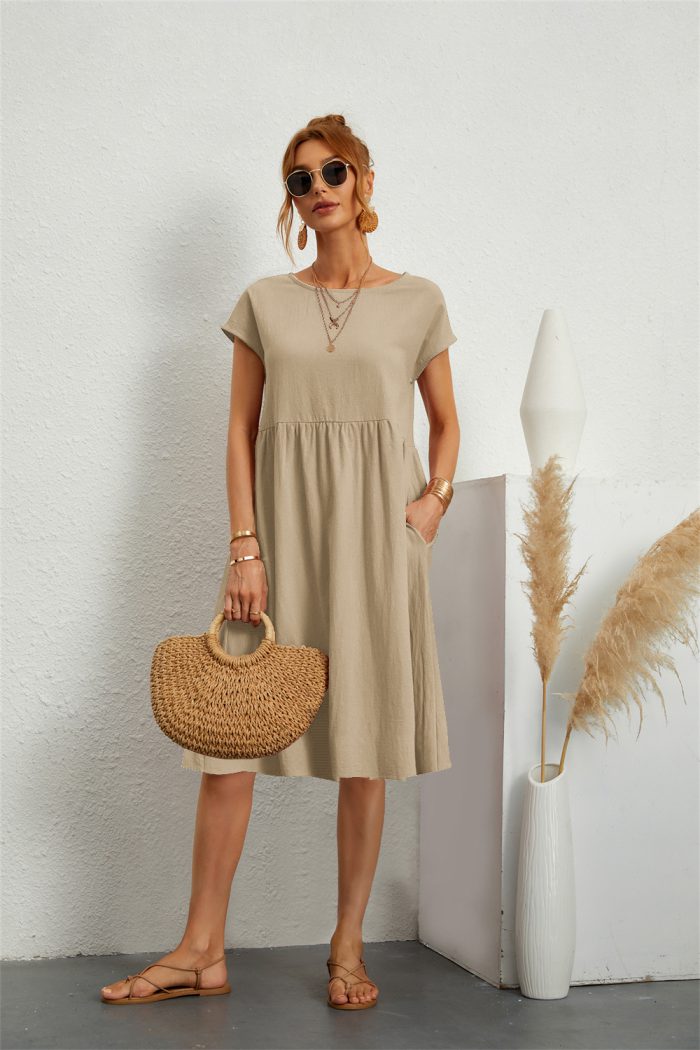 Women Casual Dresses Summer Vintage Style Female O-neck Solid Color Comfortable Knee-Length with Pockets