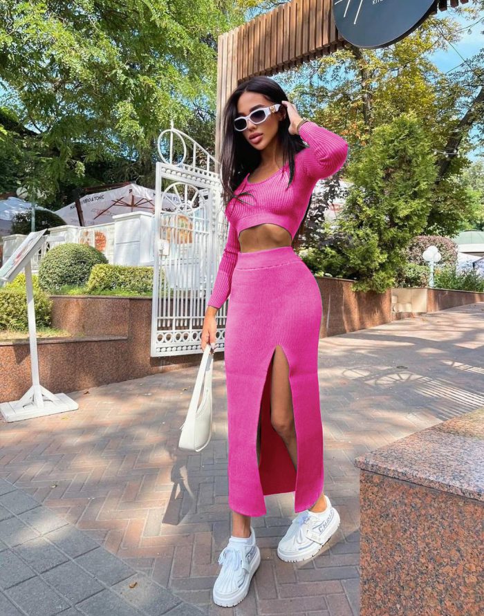 2022 Knitted Winter Women Sexy Sweater Skirt Suit Y2K Fashion Long Sleeve Crop Tops And Long Split Skirt Dress Two Piece Sets