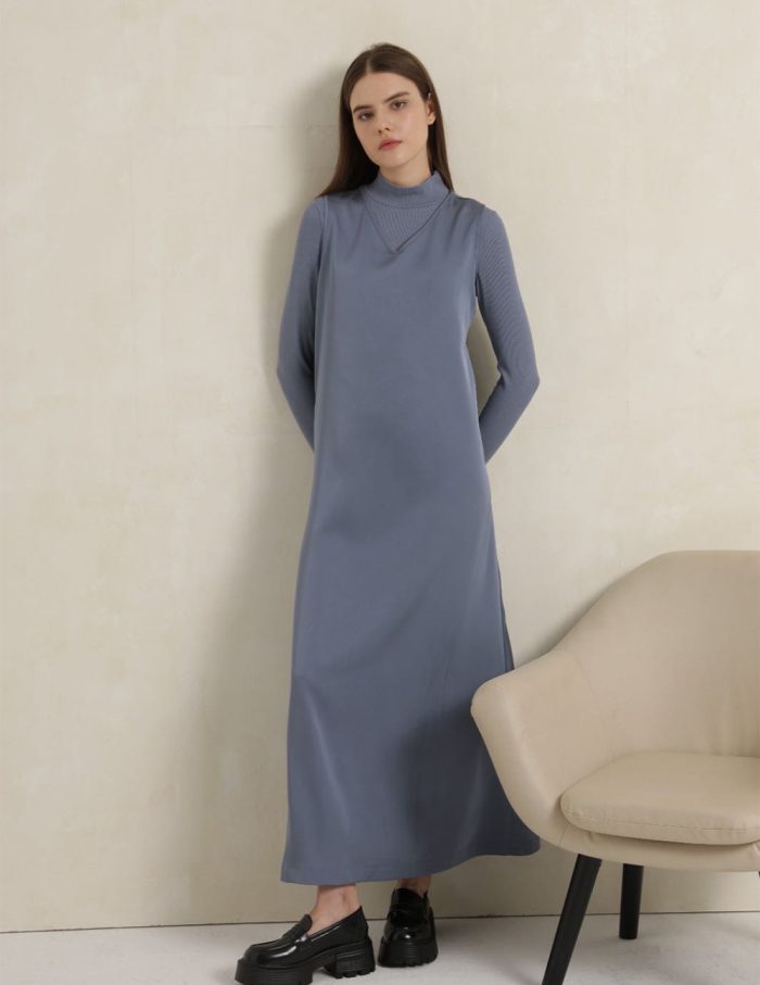 AP V Neck Satin Maxi Dress Rib Modal Mock Neck Top 2024 Fall High Quality Women Dress Three Colors, #2001