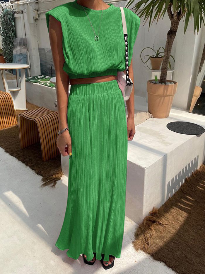 2022 Spring Summer Women Solid Elegant Maxi Skirt Set Outfits Suits Tank Crop Tops 2 Two Piece Matching Set Women