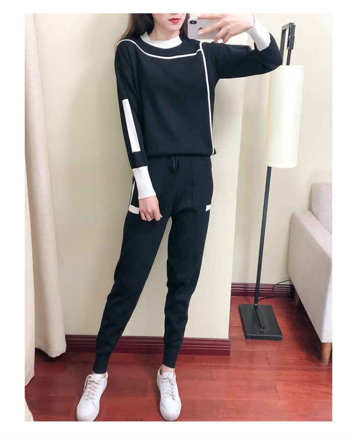 2023 Autumn Runway 2 Pieces Set Knitted Long Sleeve Pullovers Sweater Casual Patchwork Fashion Women Tops and Pants Suits Spring