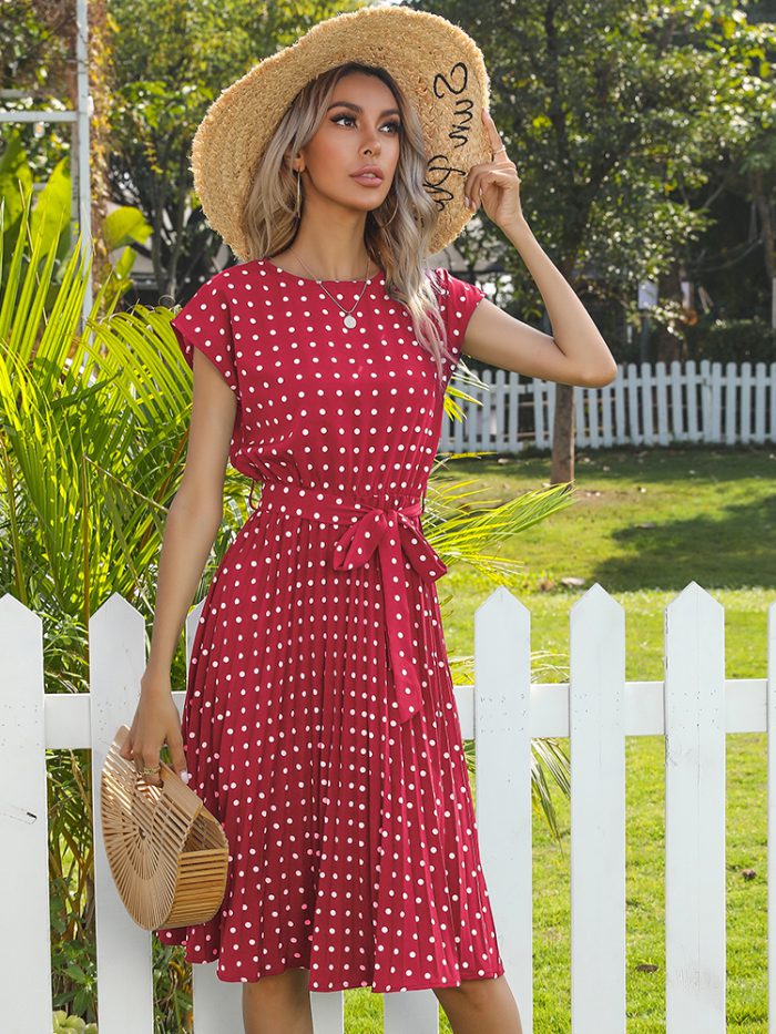 JIM & NORA Women Beach Sundress Short Sleeve Polka Dot Print Vestido A-line Floral Elegant High Waist Pleat Casual Midi Dresses