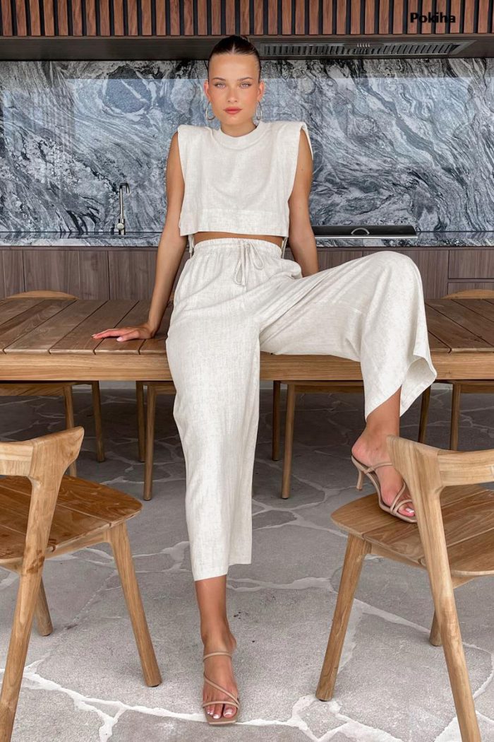Summer 2023 Women Holiday Linen Pant Set Crop Tops Solid Outfits 2 Two Piece Matching Set For Women Sleeveless Casuals Fashion