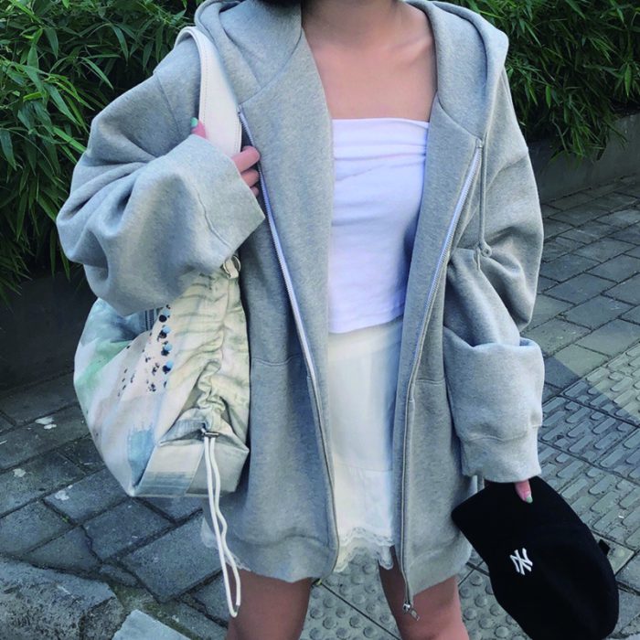 Oversized Zip Up Hoodie Women Plain Korean Fashion Simple Sweatshirt Pockets Big Size 5xl Poleron Baggy Solid Hoodie Drawstring