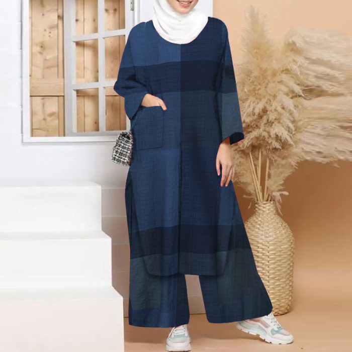 ZANZEA Muslim Women Matching Sets Dubai Caftan Marocain Abaya Hijab Pants Long Sleeve O-Neck Grid Printed Islamic Blouse 2023