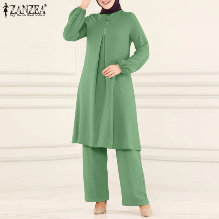 ZANZEA Sequin Tracksuits Muslim Fashion Matching Sets Women Causal Pants Sets Long Sleeve Blouse Shirt Female Pantsuits IsIam