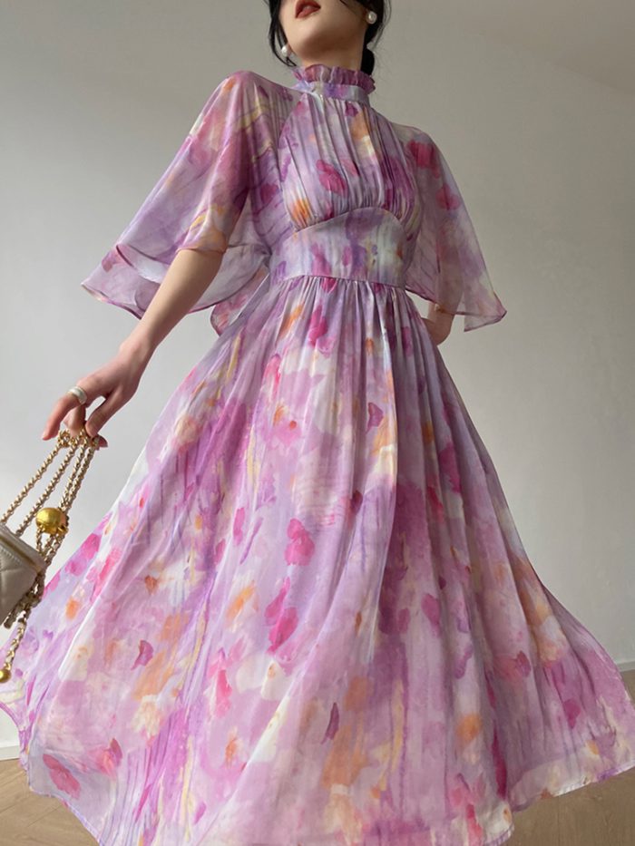 Elegant Print Slim Dresses For Women Stand Collar Half Sleeve High Waist Ruched Long Dress Female Summer 2023 New Style