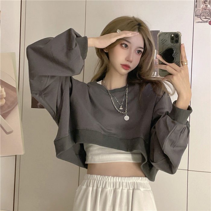 MEXZT Streetwear Women Sexy Solid Cropped Sweatshirts Oversize Loose Harajuku BF Pullovers Spring Korean Chic Casual Y2k Tops