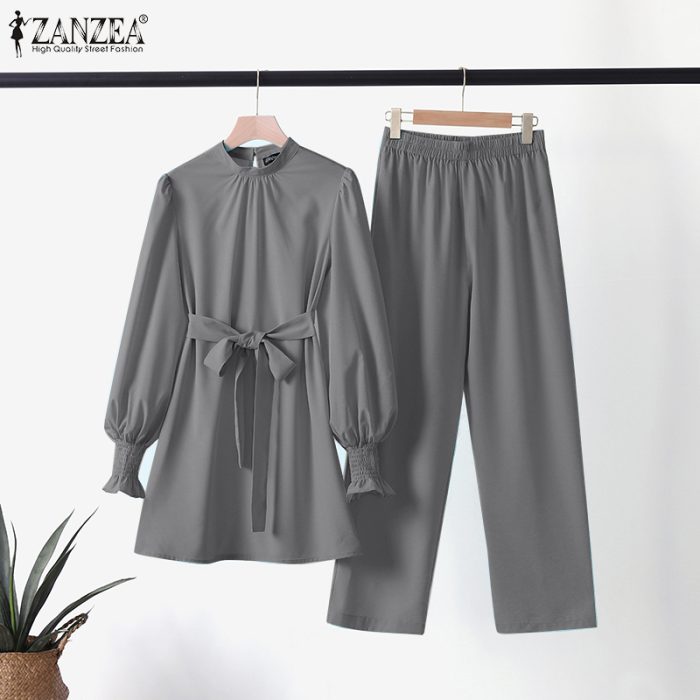 ZANZEA 2PCS Women Long Sleeve Blouse Pants Sets Elegant Casual Dubai Outfits Islamic Clothes Solid Urban Tracksuit Muslim Sets