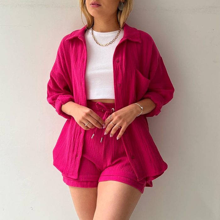 Solid Pleated Two Piece Set For Women 2023 Summer Women's Two Piece Casual Long Sleeve Short Sets Fashion Button Outfits Suit