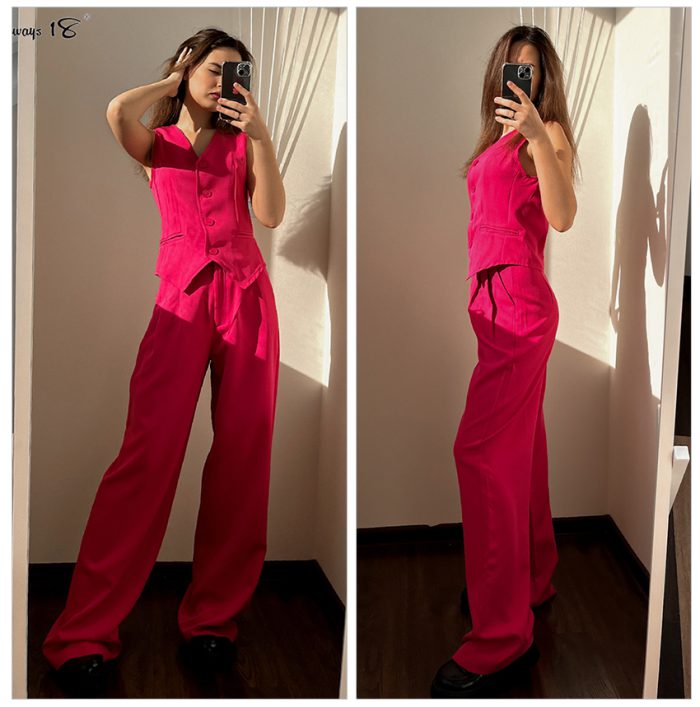 Mnealways18 Pink Elegant Blazer 2 Pieces Sets Women High Waist Wide Leg Pants Suits Button Vest Outfit Office Lady Business 2023