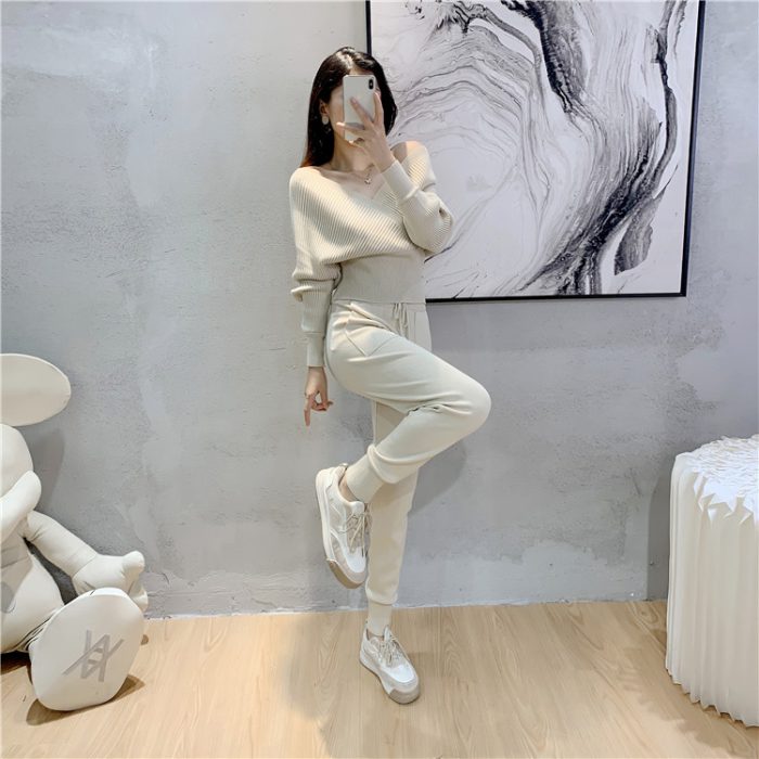 Elegant Tracksuit Sexy Two Piece Set Women Korean Style Ribbed Knitted Backless Top And Long Harem Pant Suit Autumn Outfits y2k