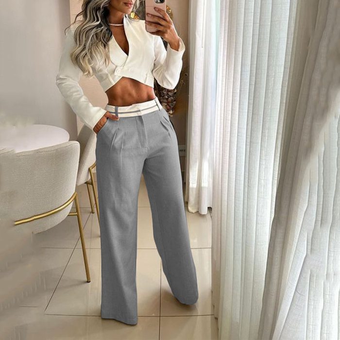Waytobele Women Two Piece Set Fashion Solid Long Sleeve Lapel V Neck High Single Button Short Top Loose With Pockets Pants Sets