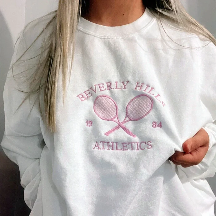 Tennis Athletics Letters Embroidered Sweatshirts Women White Loose Spring Pullover Long Sleeve Retro Thin Cotton Casual Jumpers