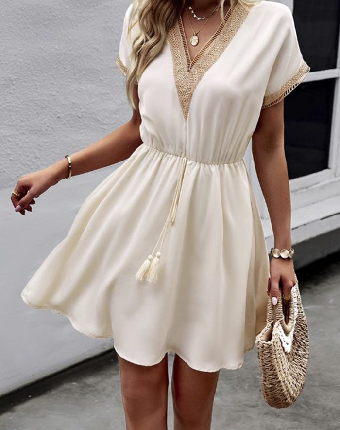 Women Vintage Mini Dresses 2023 Summer Fashion Solid V Neck Loose Lace Up Dress Female Casual Short Sleeve Beach Dress Vestidos