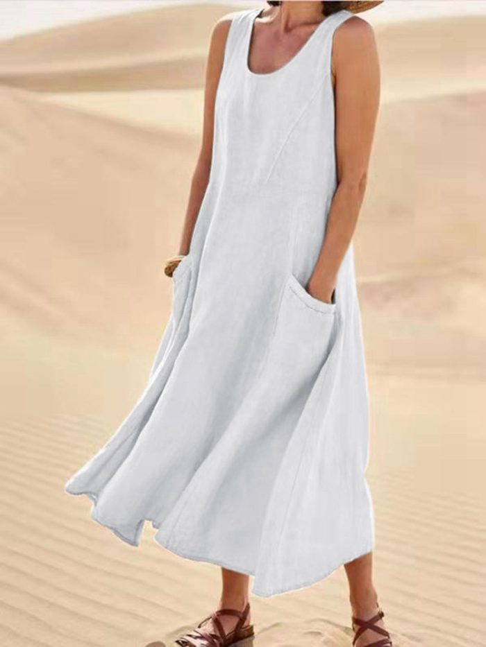 Summer Women Sleeveless Sundress Elegant Round Neck Cotton Linen Solid Long Tank Dress Vintage Pockets Beach Vestidos 2023
