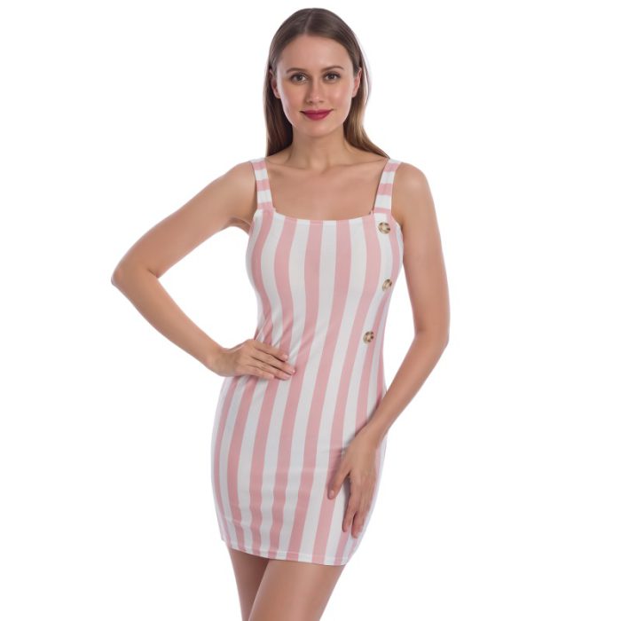 Sexy Women Striped Mini Pencil Dress Summer Backless Design Button Decor Ol Dress Sleeveless Slim Package Hip Elegant Dresses