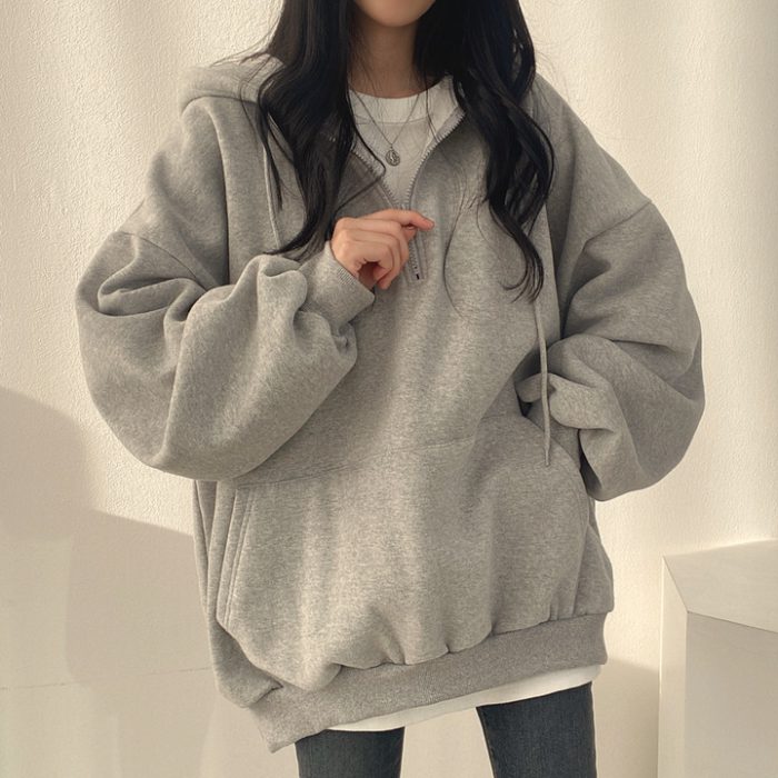 Women Hoodie Harajuku Loose Oversized Solid Color Top Half Zip Up Sweatshirt Female Casual Long Sleeve Pocket Hooded Coats 2023