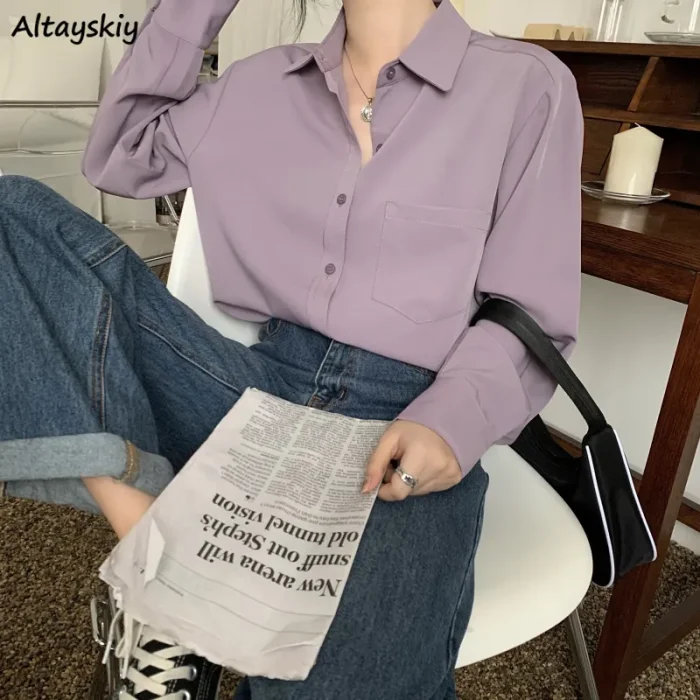 Shirts Women Pure Elegant Office Lady Simple Korean Style Leisure Long Sleeve Blouses Womens All-match Loose Daily Thin Chic New
