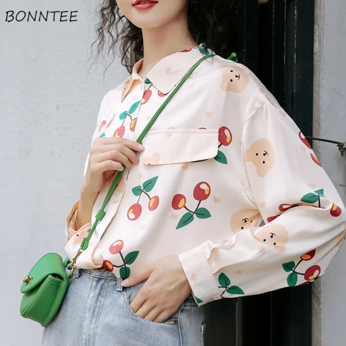 Shirts Women Vintage Autumn New All-match Fashionable Korean Style Ladies Blouses Print Cute Streetwear Chic Student Daily Soft