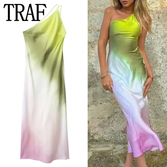 TRAF Tie Dye Long Dress Women Asymmertic Satin Backless Dress Woman Off Shoulder Sexy Evening Party Dresses Midi Summer Dresses
