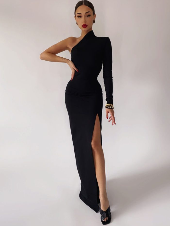Long Elegant Dresses for Women Summer One Shoulder Maxi Dress Bodycon Sexy Black Slit Fomal Wedding Evening Party Dress 2022